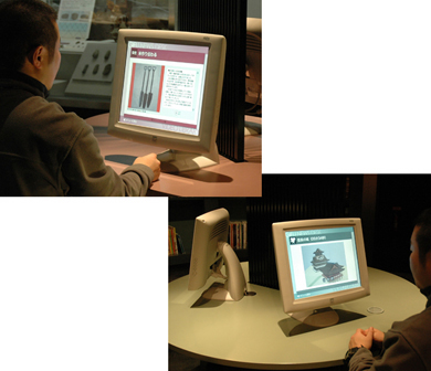 PCコンテンツ『ニュースデスク』<br>17吋タッチモニターを使用したインタラクティブ検索ソフト。ニュースタッチに演出された歴史トピックスを、時代毎に検索することが可能。